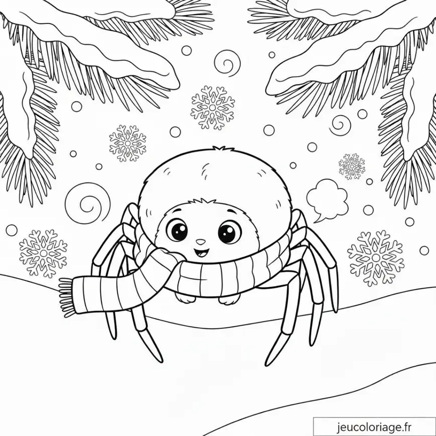 Coloriage Lucas l&rsquo;Araignée en Hiver avec Écharpe