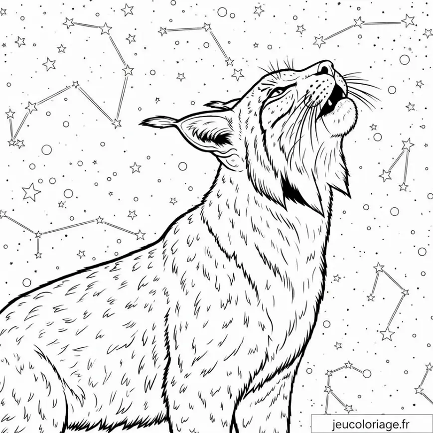 Coloriage Lynx Céleste avec Constellations Étoilées