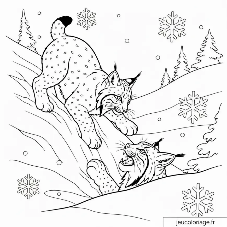 Coloriage Lynx Jouant dans la Neige