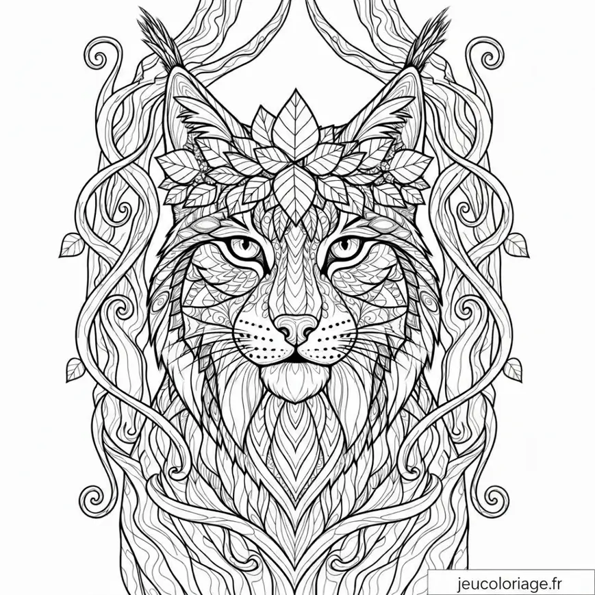 Coloriage Lynx Mystique et Éléments Naturels