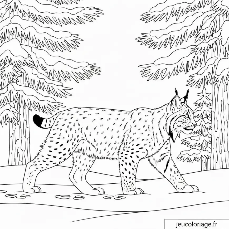 Coloriage Lynx majestueux dans la forêt enneigée