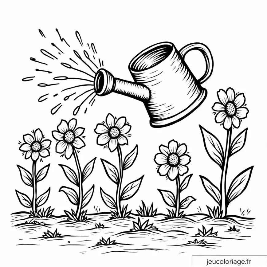 Coloriage Magique : Arrosoir et Fleurs en Épanouissement