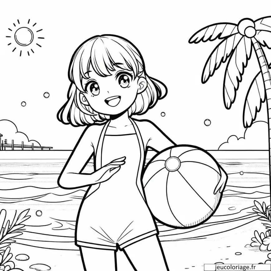 Coloriage Manga Fille à la Plage avec Palmiers