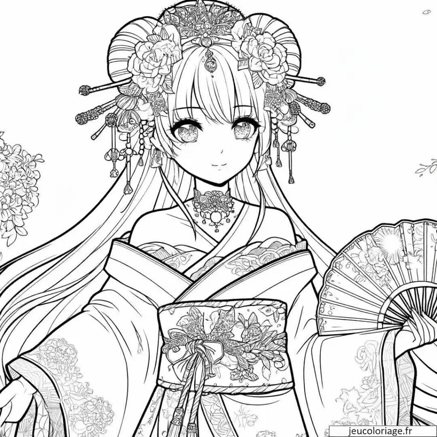 Coloriage Manga Fille en Tenue de Fête Traditionnelle