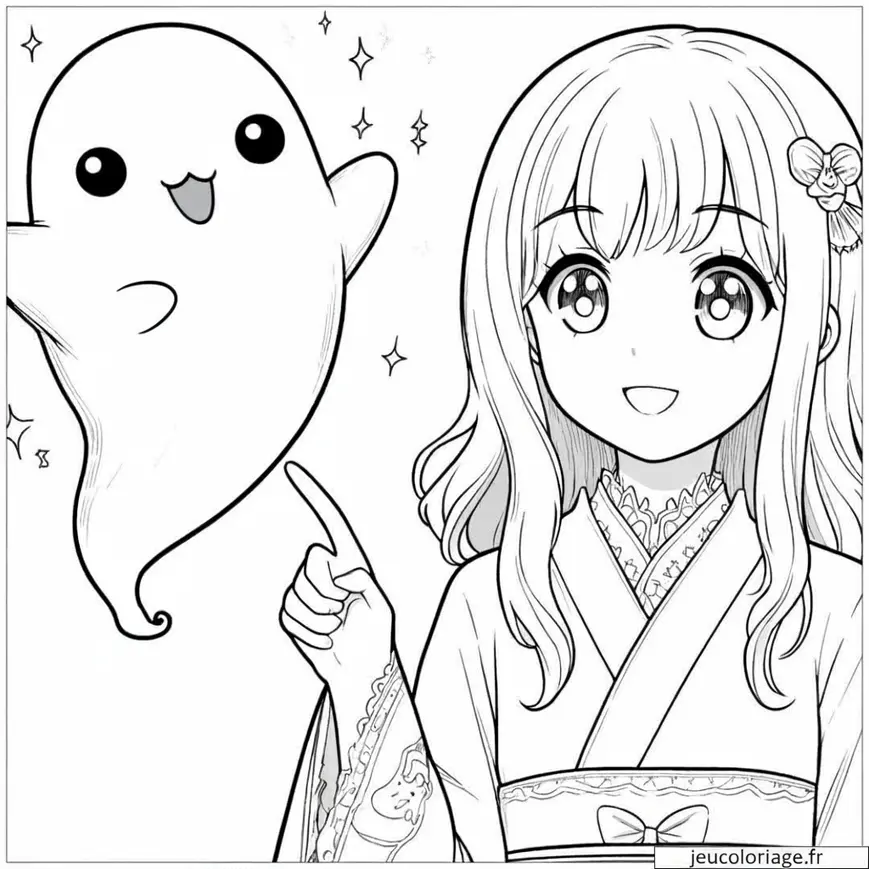 Coloriage Manga Fille et le Fantôme Amical