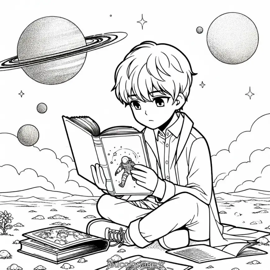 Coloriage Manga Garçon Lisant un Livre de Science-Fiction