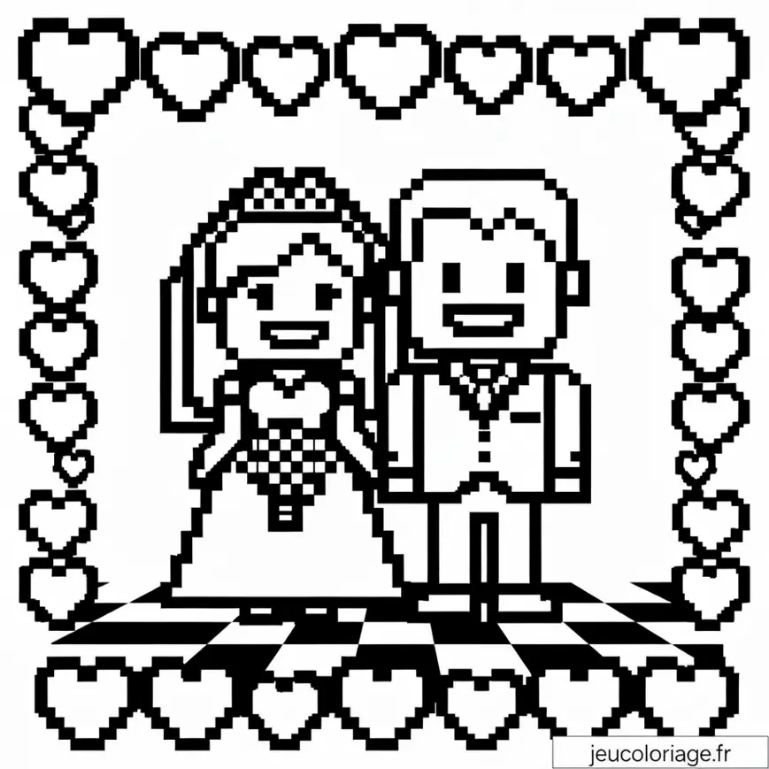 Coloriage Mariage Rétro Pixel : Scène Amour en 8-bits