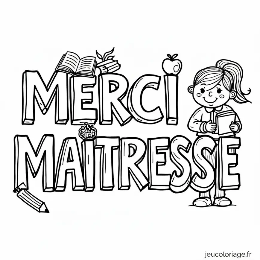 Coloriage Merci Maîtresse avec petite écolière