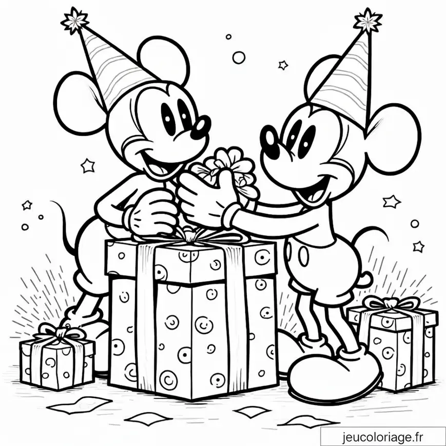 Coloriage Mickey et Minnie fêtant un anniversaire en cadeau