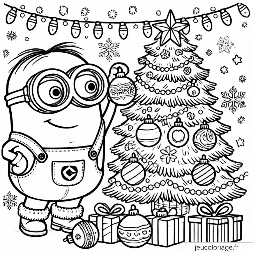 Coloriage Minion décorant un sapin de Noël