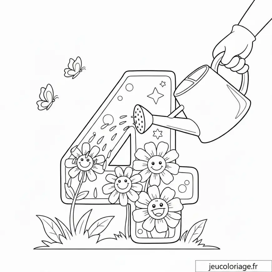 Coloriage Numéro 4 Avec Fleurs et Papillons Magiques
