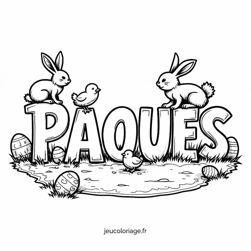 Coloriage Pâques : lapins et poussins en fête