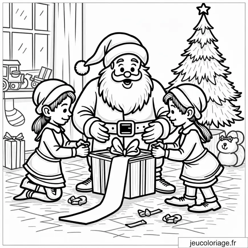 Coloriage Père Noël et enfants emballant un cadeau sous le sapin