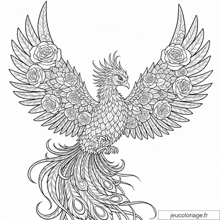 Coloriage Phénix Majestueux avec Ailes en Roses