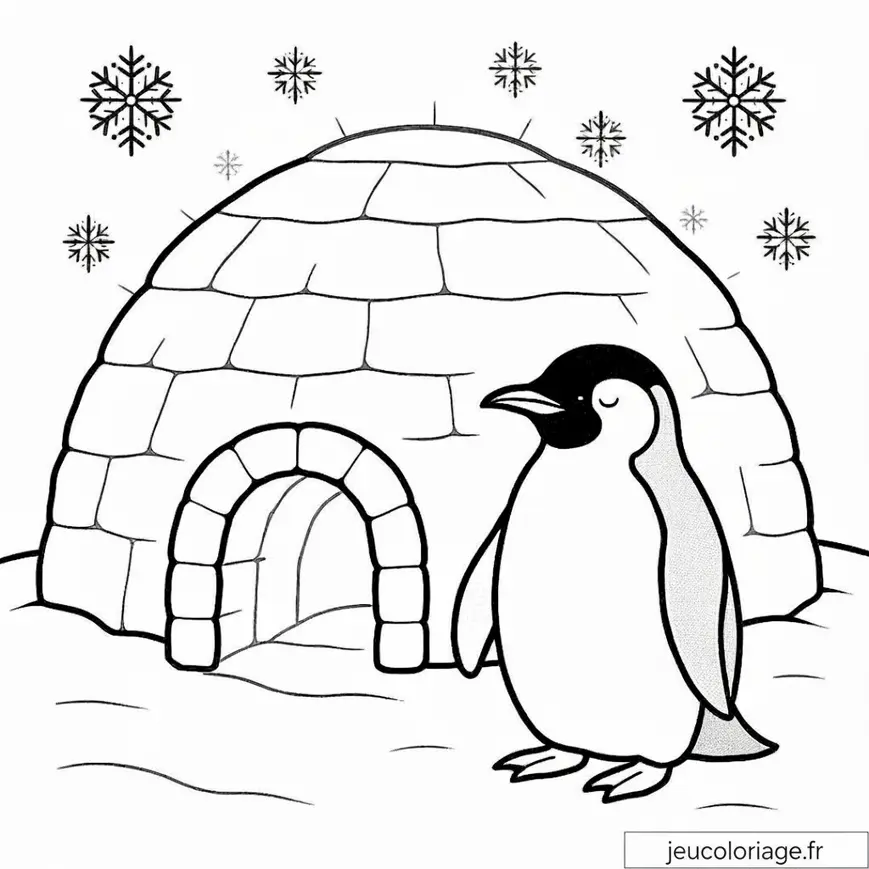 Coloriage Pingouin et Igloo avec Flocons de Neige