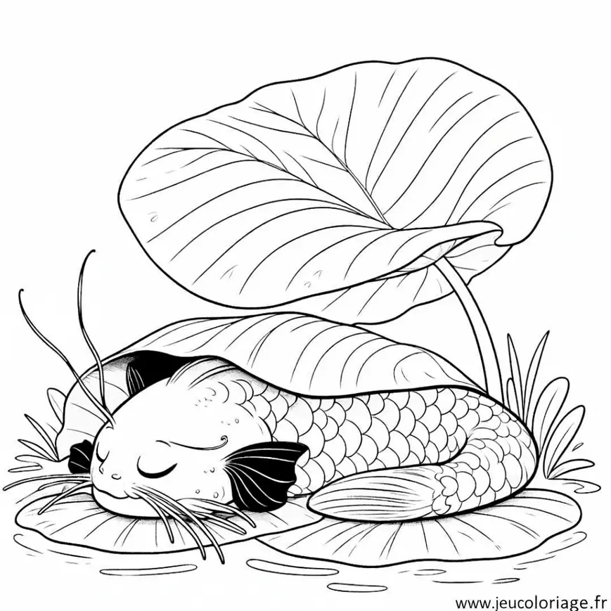 Coloriage Poisson chat faisant la sieste sous une feuille de nénuphar