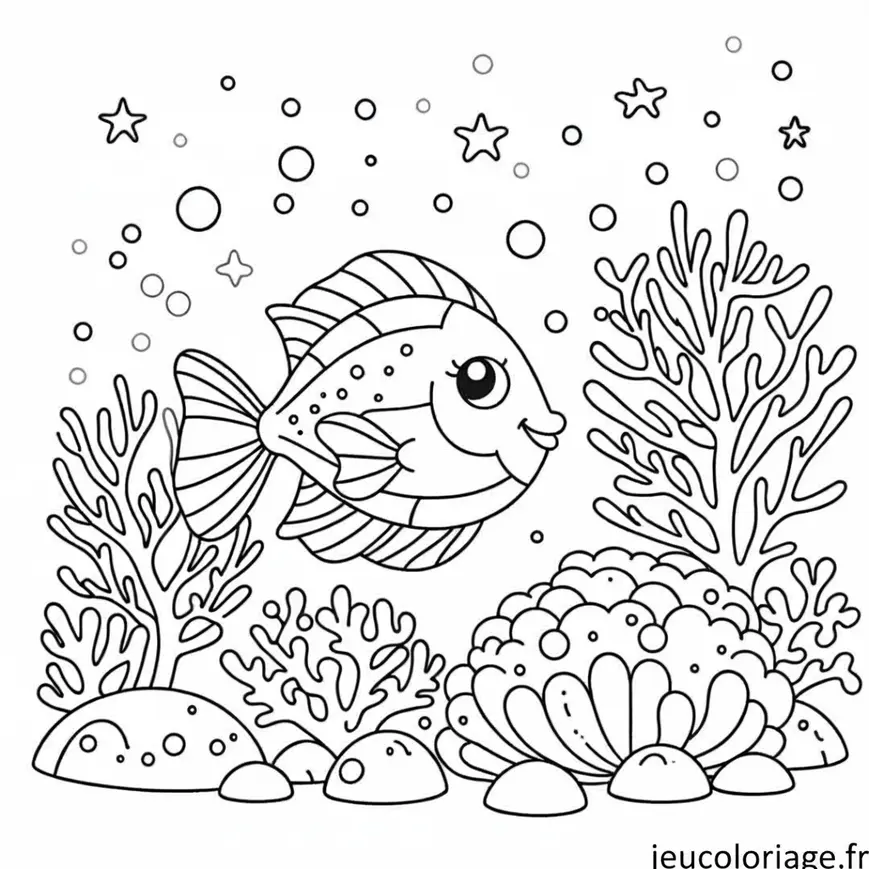 Coloriage Poisson nageant autour de coraux