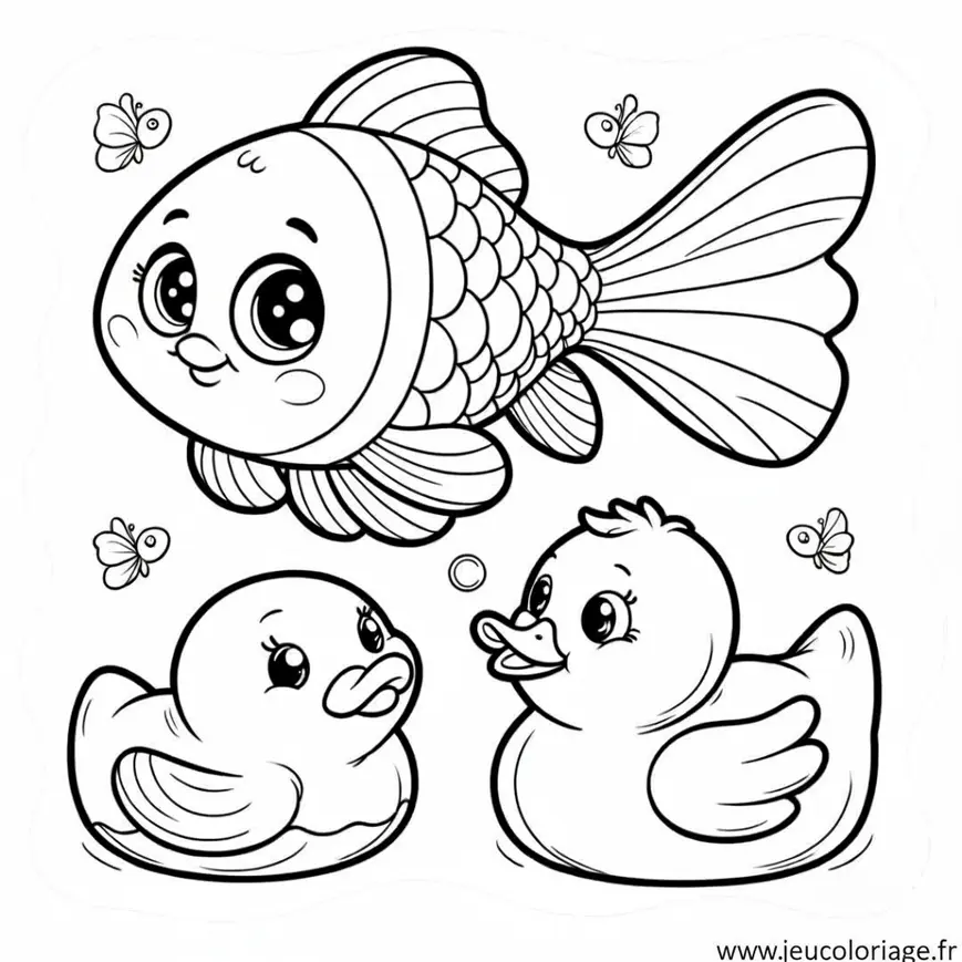 Coloriage Poisson rouge et son ami le canard en plastique