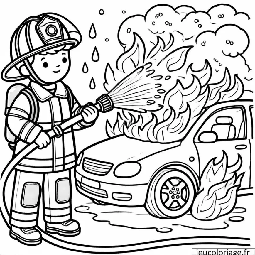 Coloriage Pompier éteignant un feu de voiture