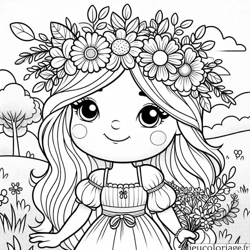 Coloriage Princesse avec Couronne de Fleurs pour Maternelle