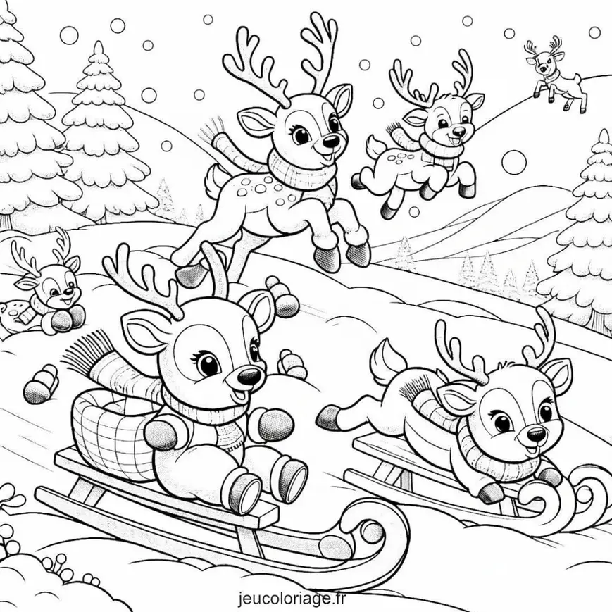 Coloriage Rennes de Noël jouant dans la neige