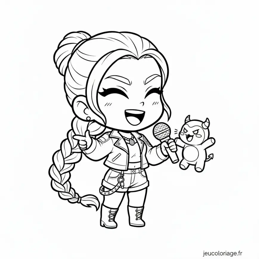 Coloriage Rumi Kpop Demon Hunters avec Micro et Peluche