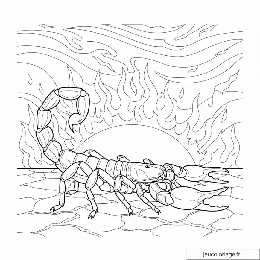 Coloriage Scorpion et Coucher de Soleil en Feu