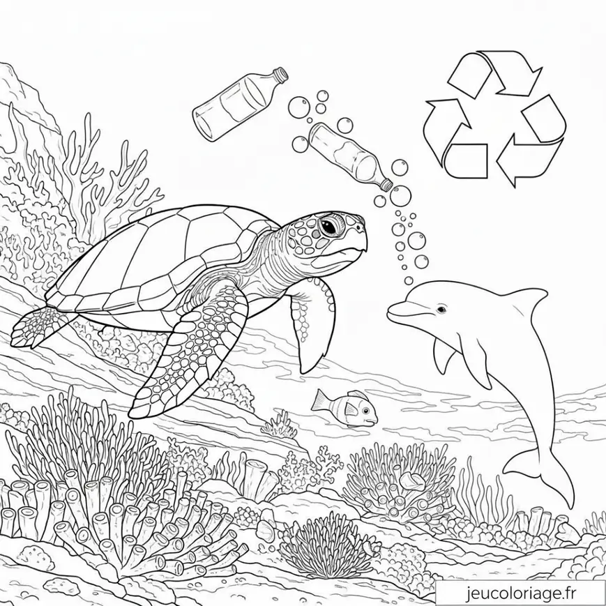 Coloriage Tortue et Dauphin Sensibilisation Océans