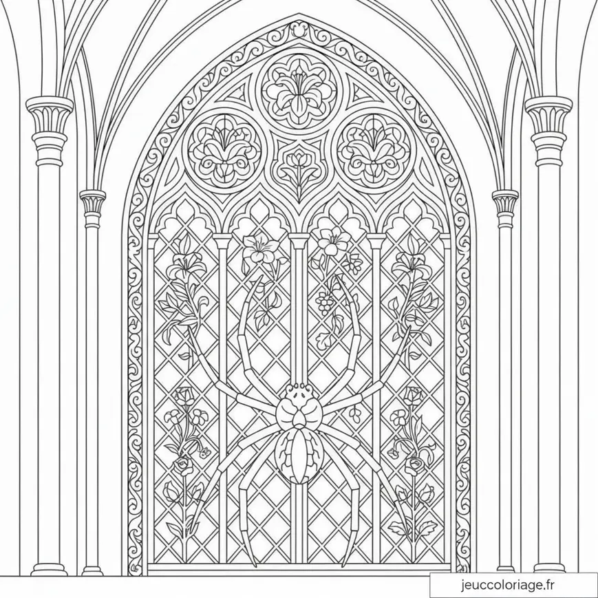 Coloriage Vitrail Gothique avec Araignée Mystique