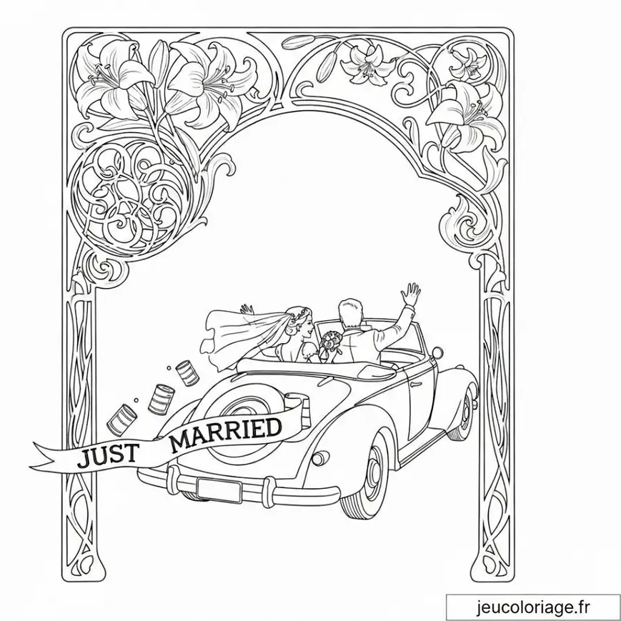 Coloriage Voiture de Mariage Romantique à Imprimer