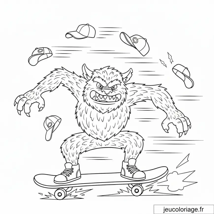 Coloriage Yéti skateur en action avec casquettes volantes