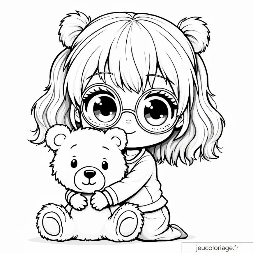 Coloriage adorable : fillette et son ours en peluche