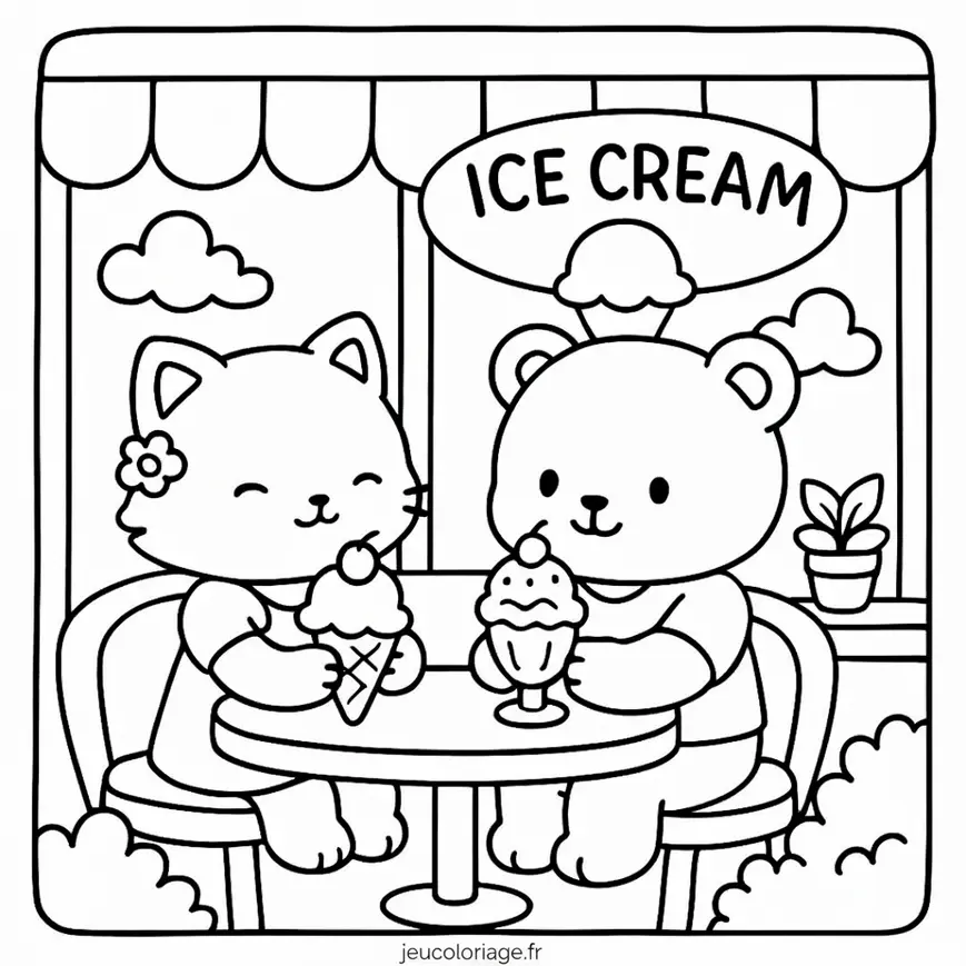 Coloriage amusant chat et ours dégustant des glaces
