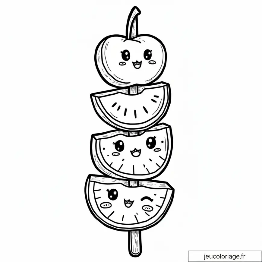 Coloriage amusant de brochette de fruits kawaii à imprimer