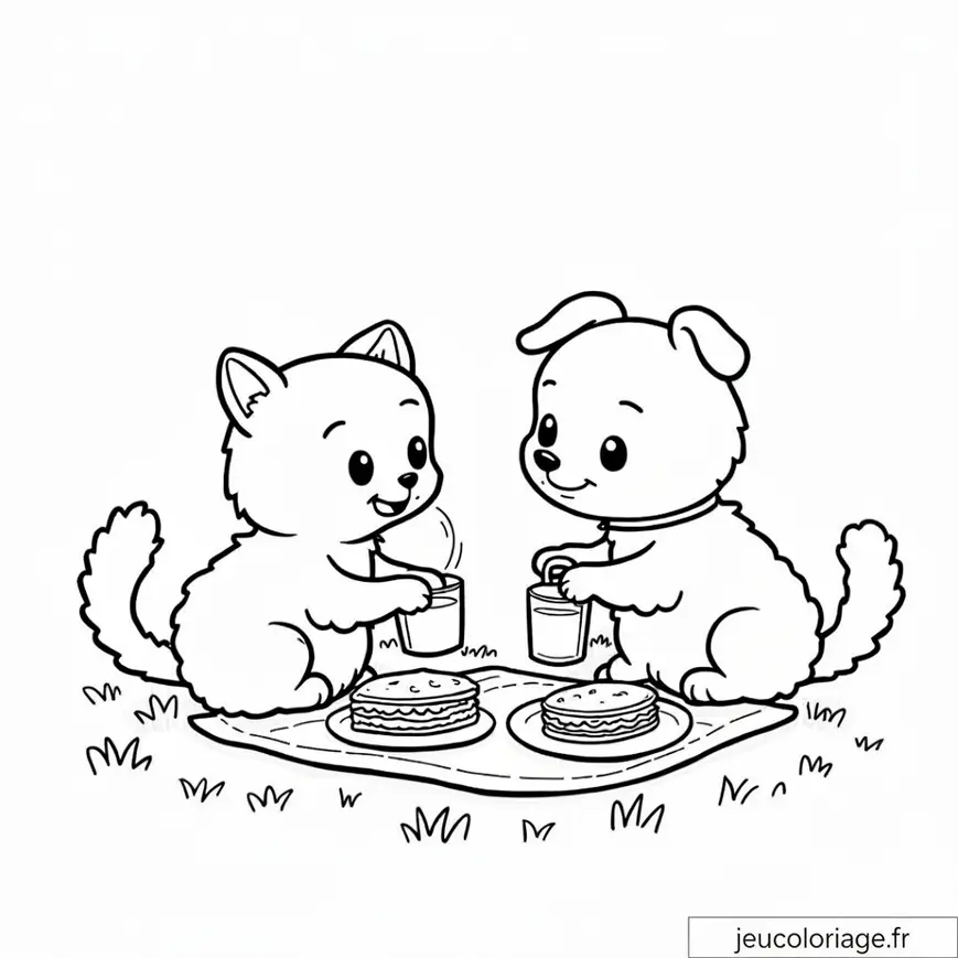 Coloriage amusant de pique-nique chat et chien adorable