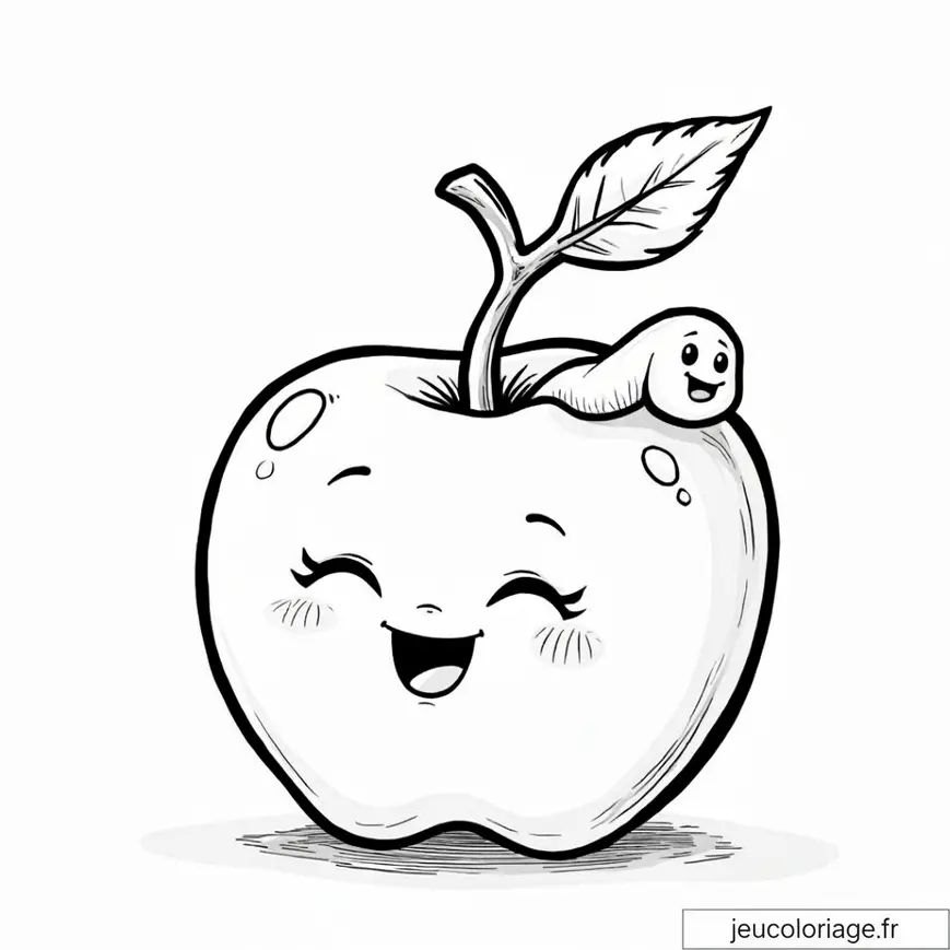 Coloriage amusant de pomme et ver heureux à télécharger