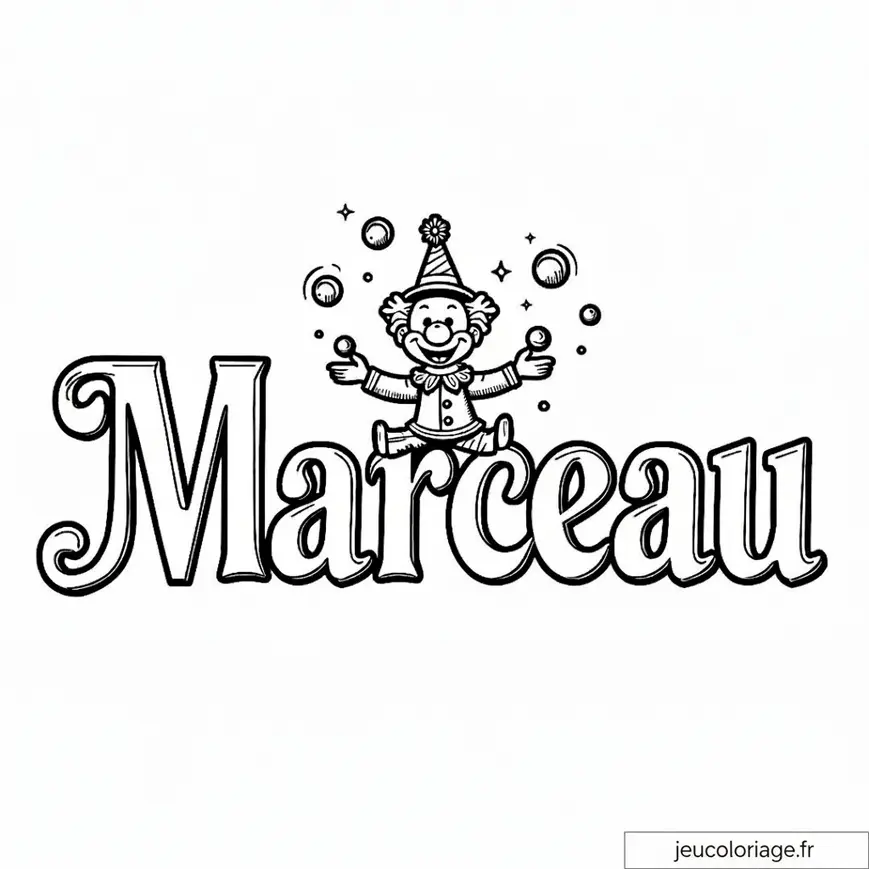 Coloriage amusant d&rsquo;un clown jongleur avec le prénom Marceau