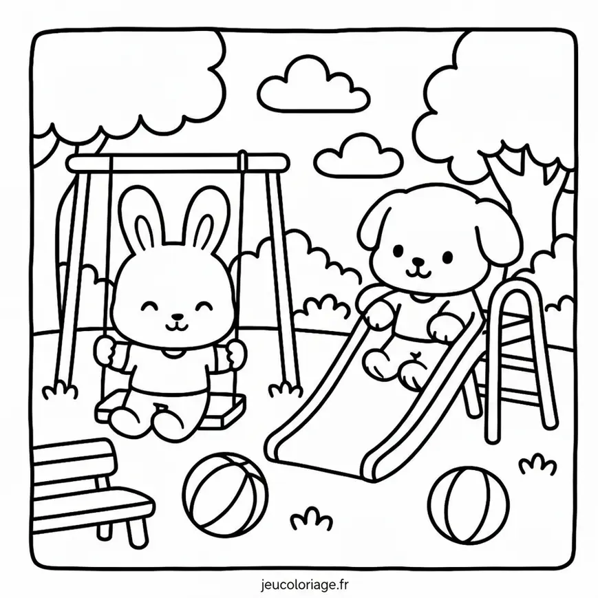 Coloriage animaux au parc sur balançoire et toboggan