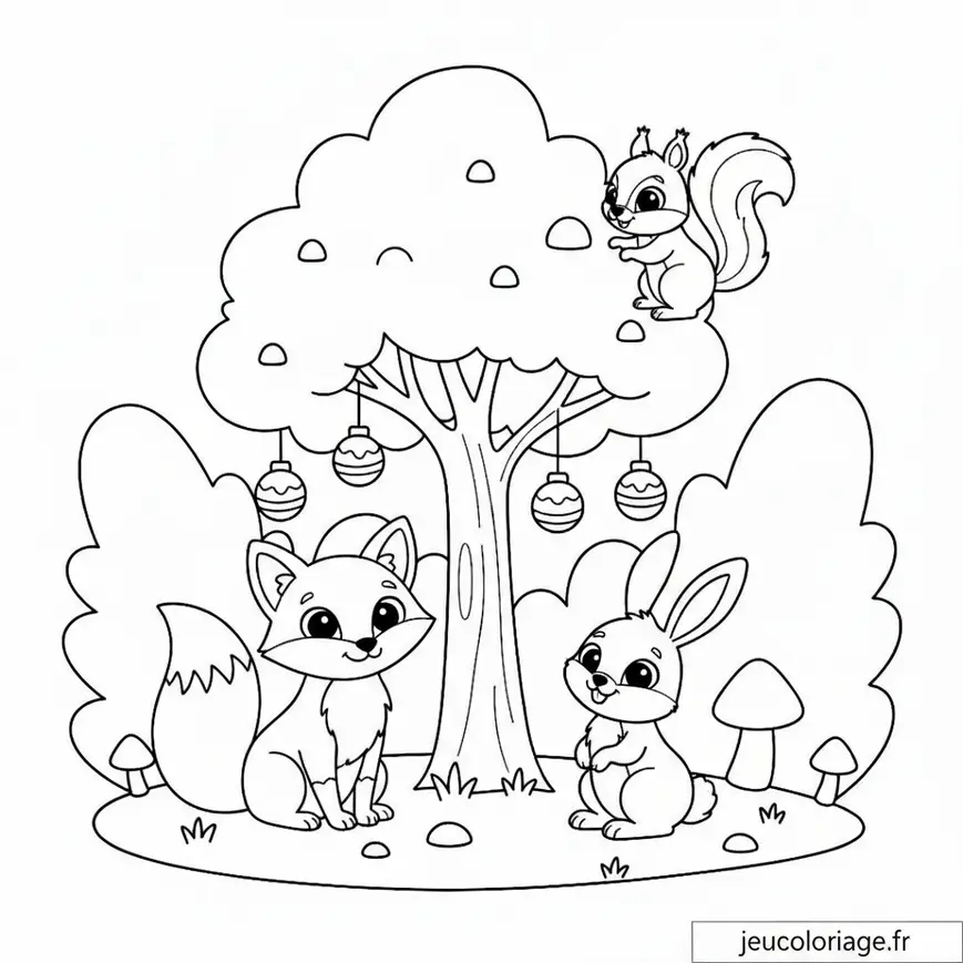 Coloriage animaux de la forêt sous un arbre amusant