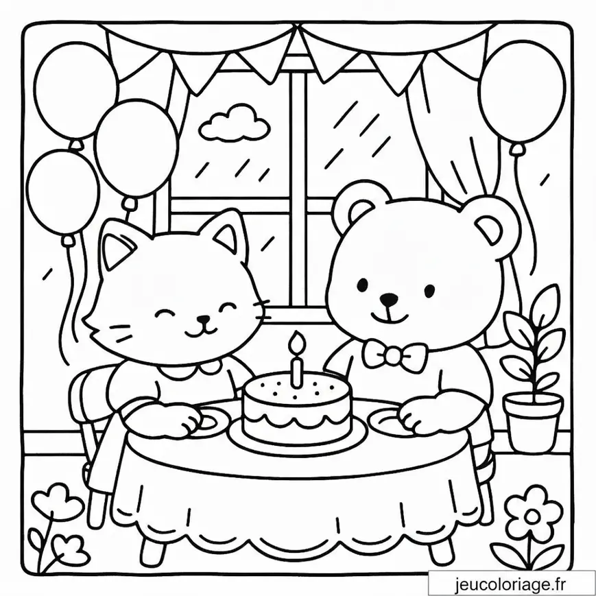 Coloriage animaux mignons à table pour anniversaire festif