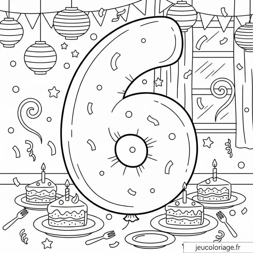 Coloriage anniversaire avec ballon chiffre 6 et gâteaux festifs