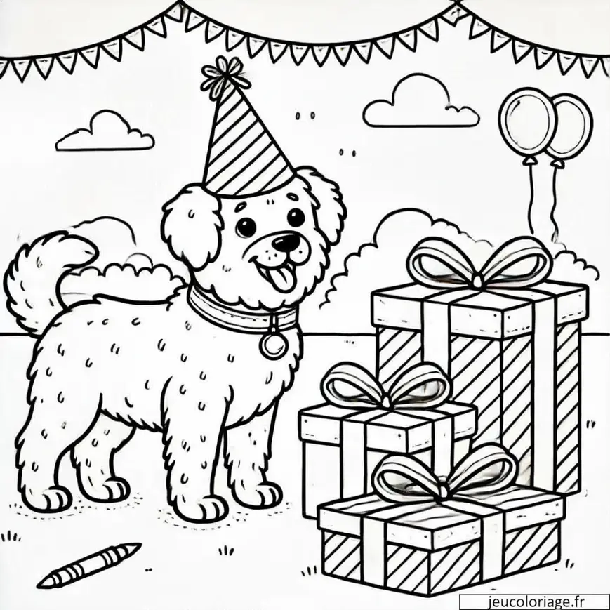 Coloriage anniversaire avec chien et cadeaux