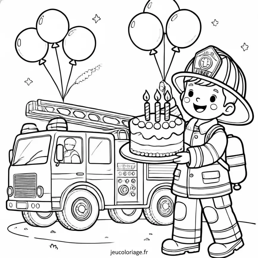 Coloriage anniversaire avec pompier