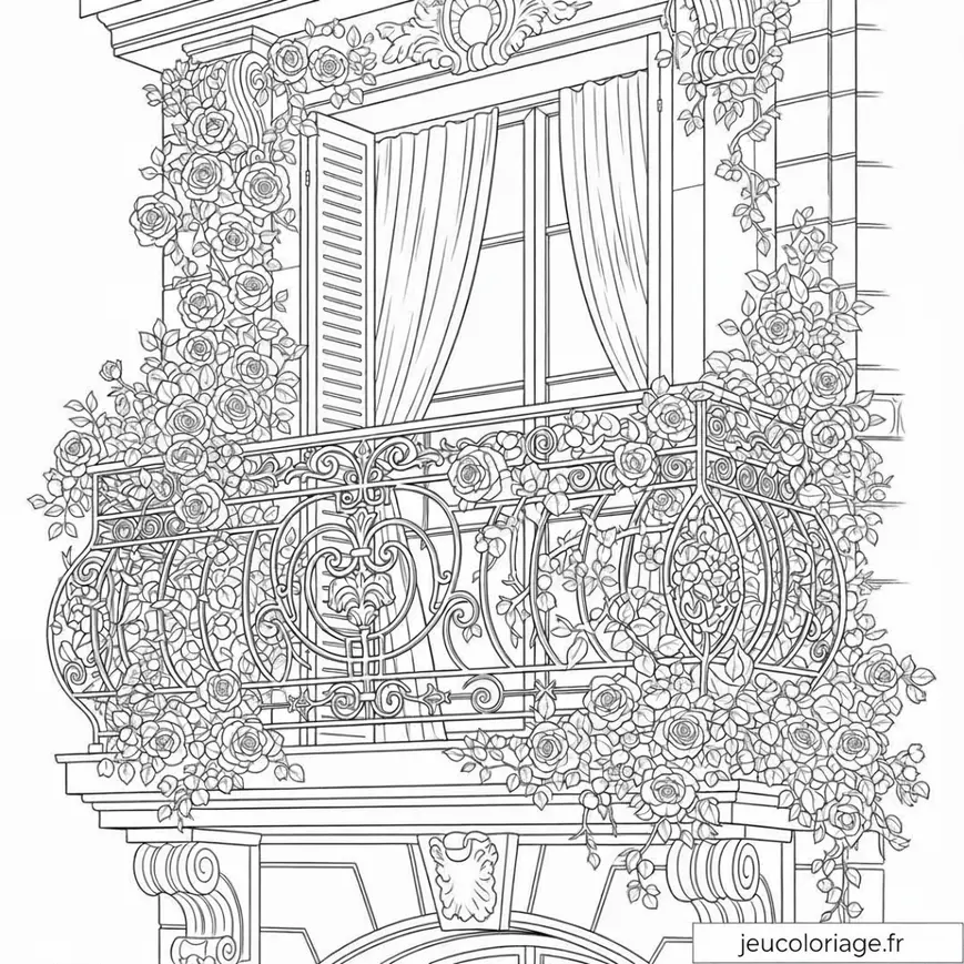 Coloriage balcon fleuri parfumé de roses à imprimer