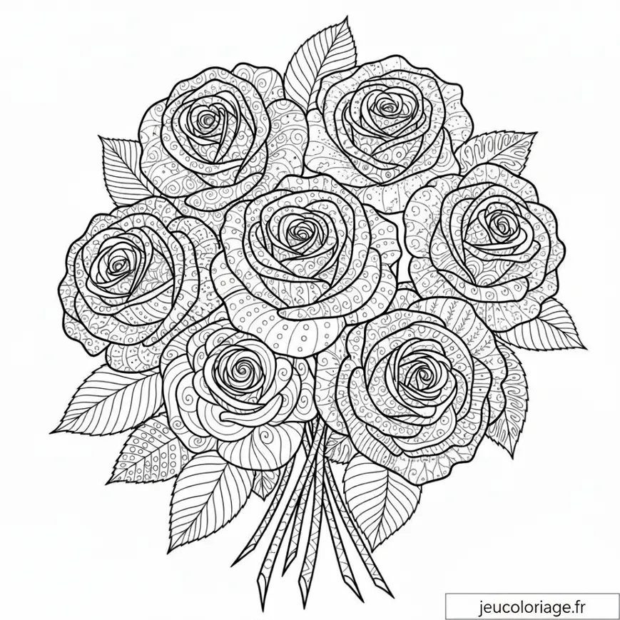 Coloriage bouquet de roses détaillé pour détente créative