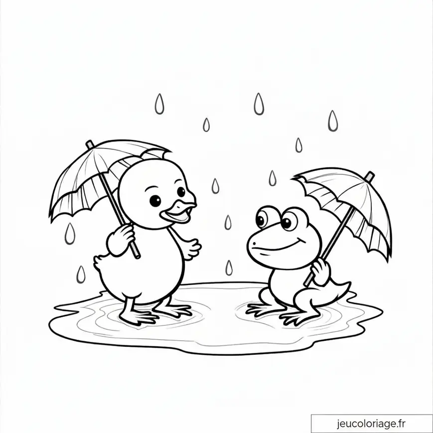 Coloriage canard et grenouille sous la pluie, parfait pour enfants