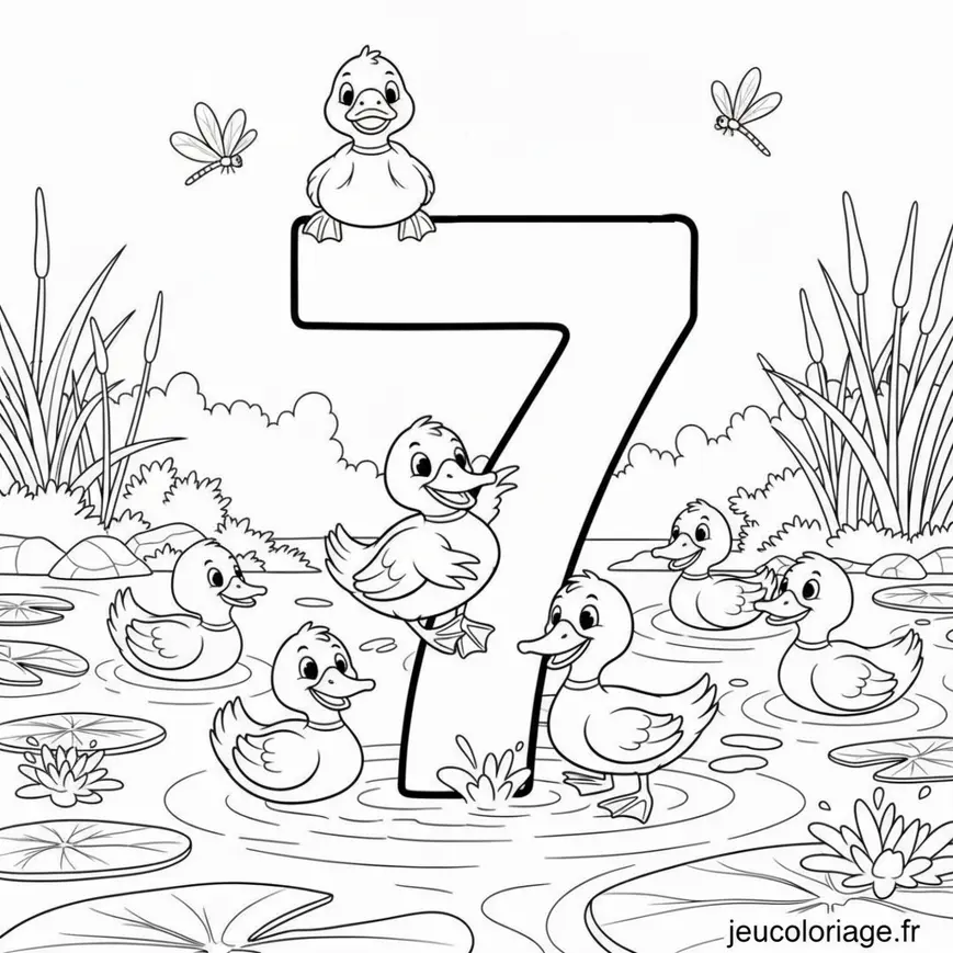 Coloriage canards mignons avec chiffre sept pour enfants