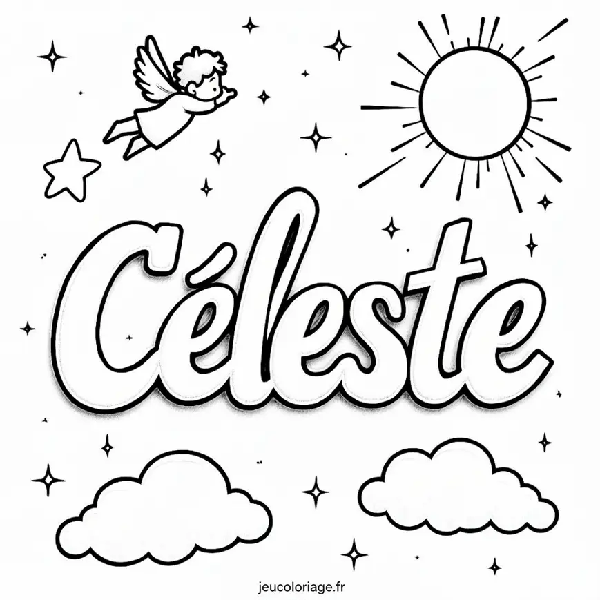 Coloriage céleste avec ange et nuages pour enfants