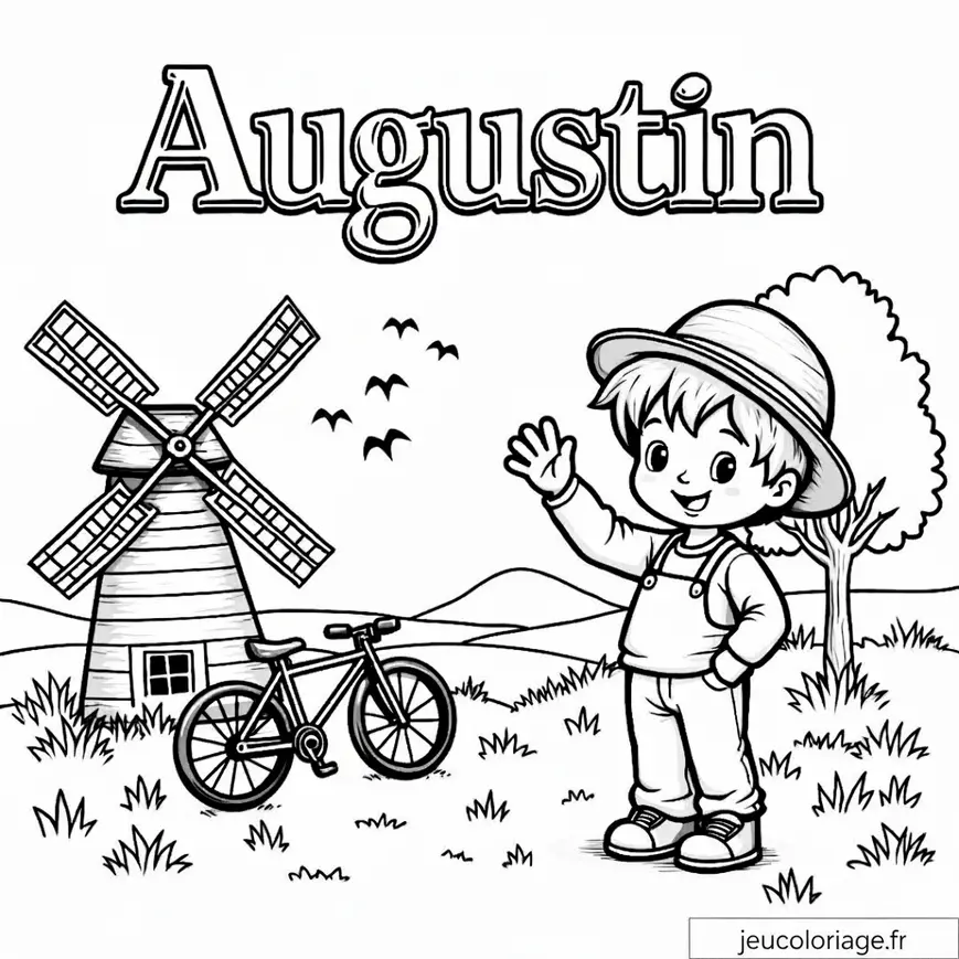 Coloriage champêtre pour enfants : garçon, moulin et vélo