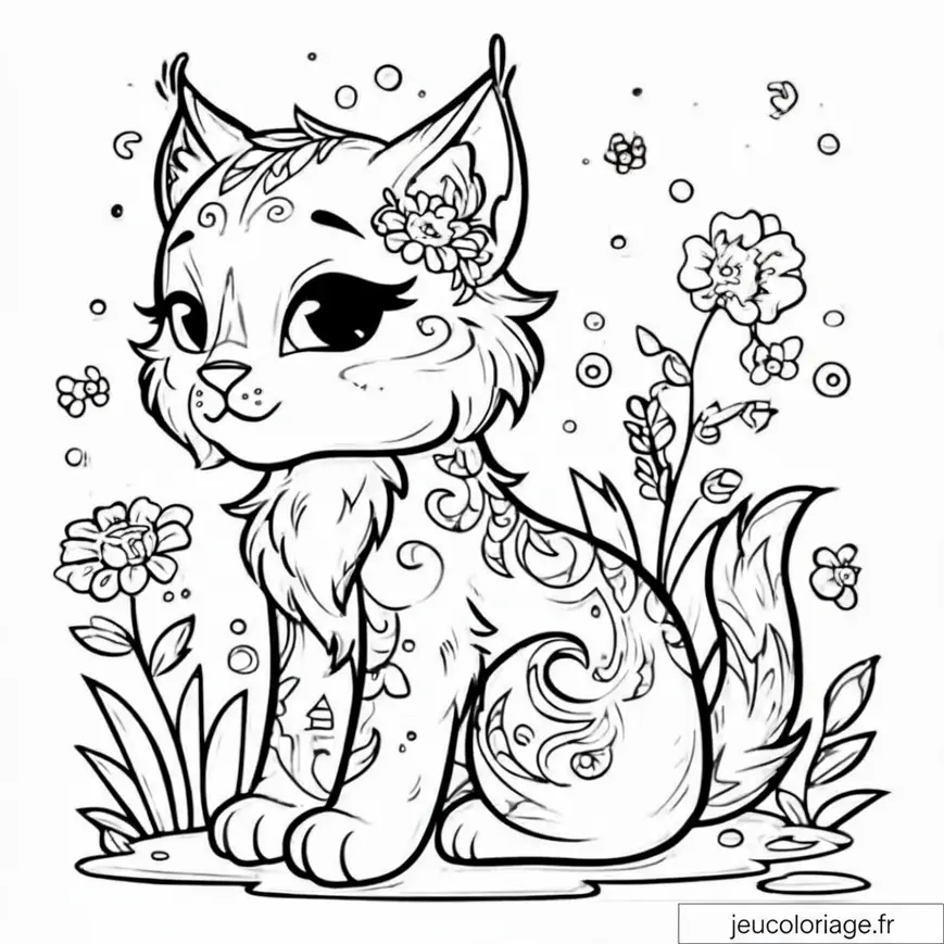 Coloriage chat enchanteur avec fleurs magiques